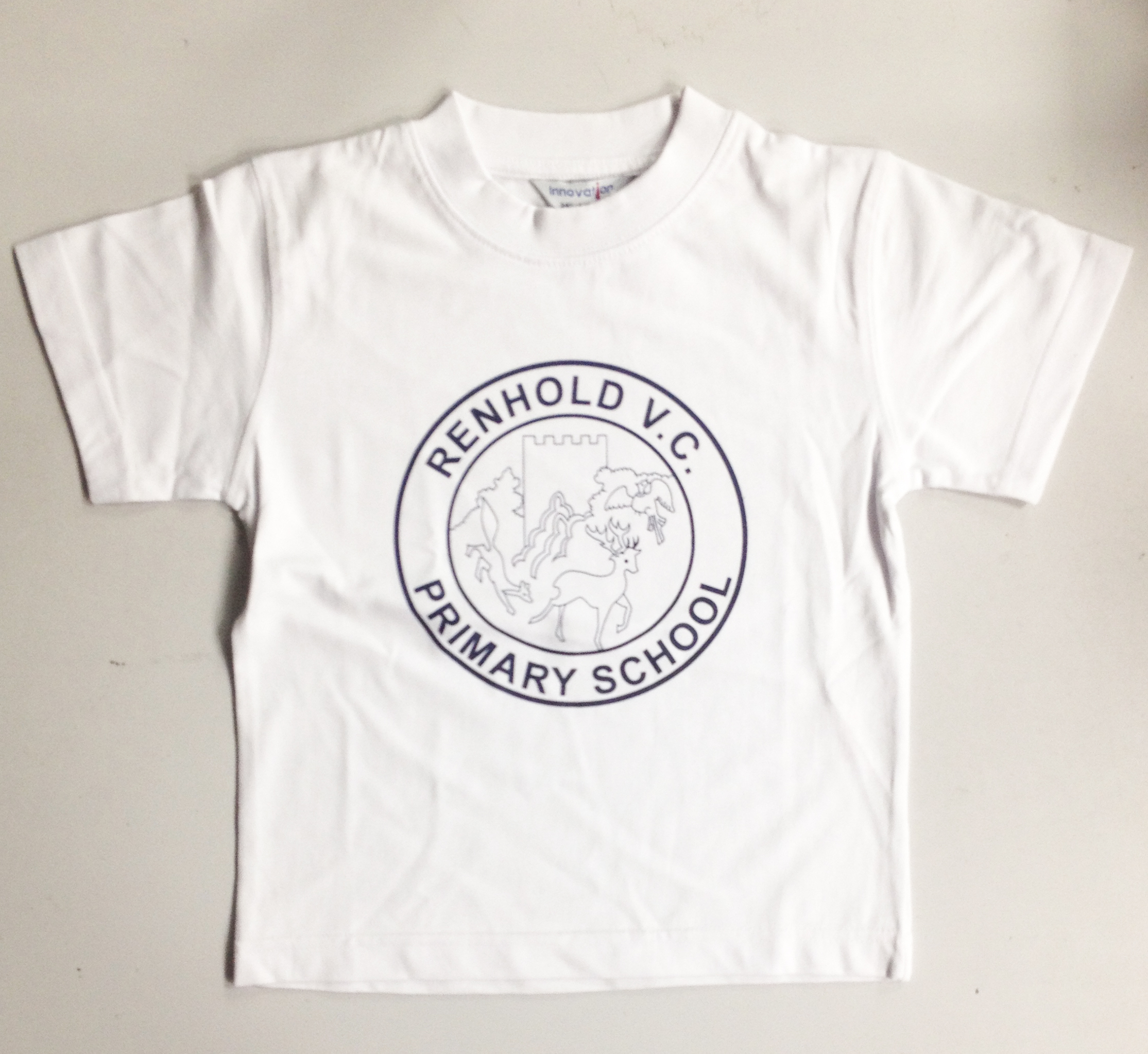 Renhold Primary Sports T-Shirt (White with navy print)